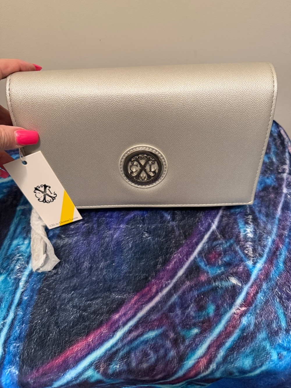 Christian Lacroix Silver Metallic Leather Crossbody Clutch
